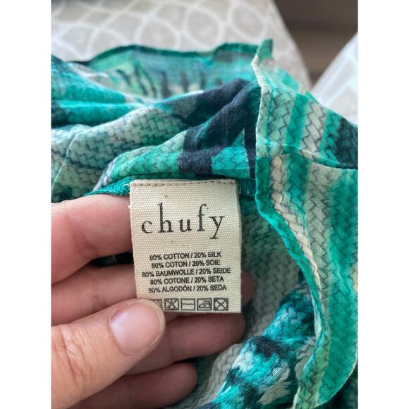 CHUFY Gone Jammin Blouse Green Ruffle Tie Neck Cap Sleeve Cotton/Silk size XS - Picture 5 of 5